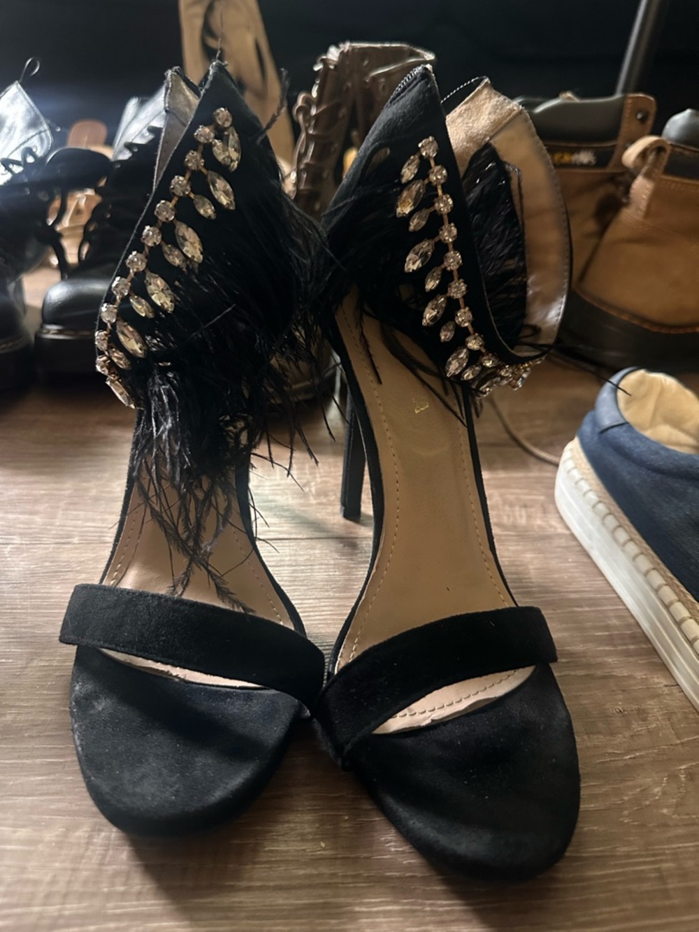 Fashion Nova Black Feather & Crystal Stiletto Sandals